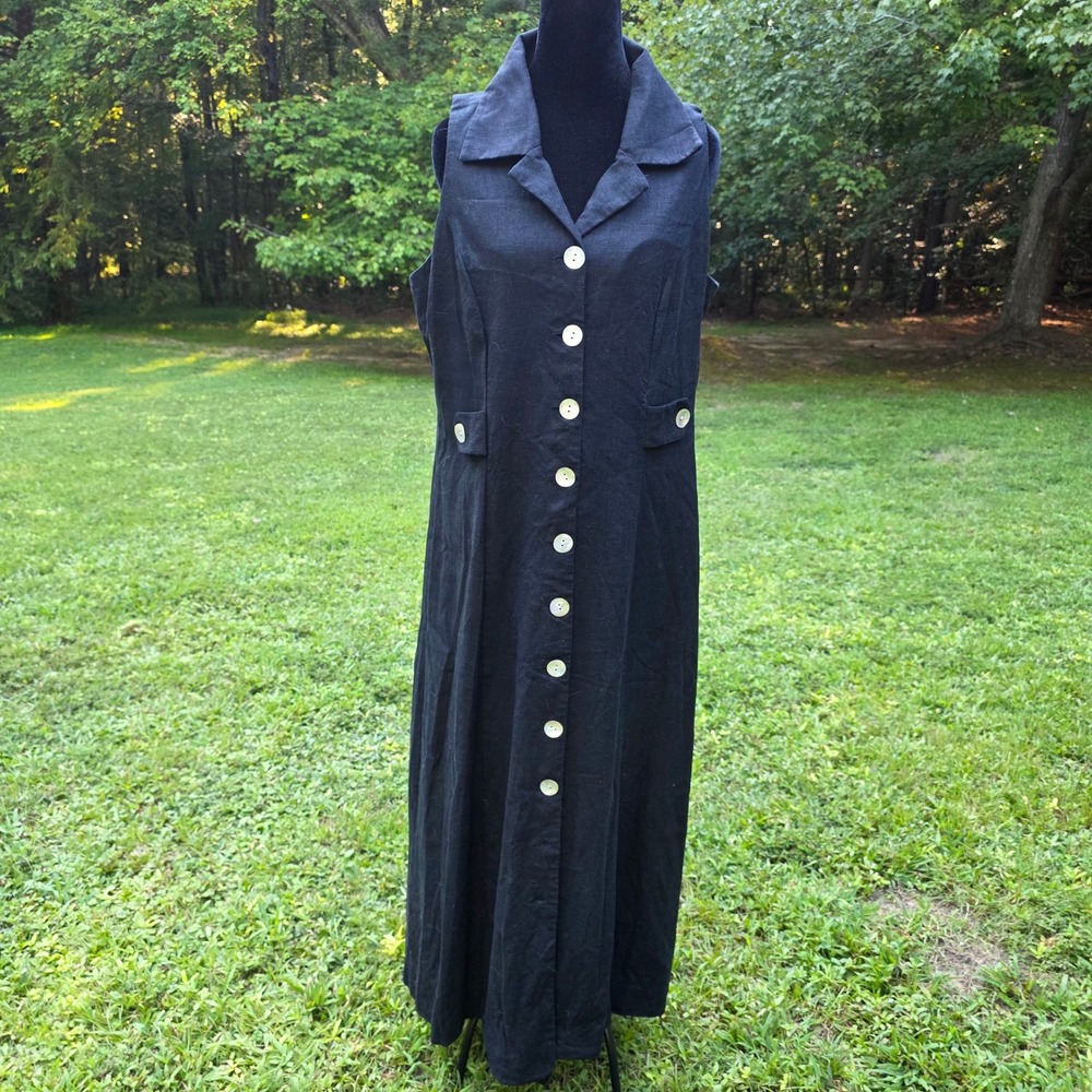Vintage 90s VIRGO Black Linen Women's 12 Maxi Dress Shell Buttons Butter Mom